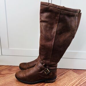 Baretraps Yvonna Brown Vegan Marbled Leather Buckled Knee High Riding Boots 6M